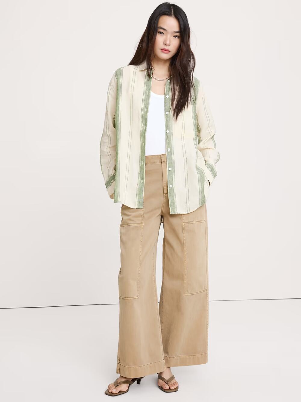 NWT Banana Republic Women's The Oversized Linen Shirt in Olive Stripe sz XL
